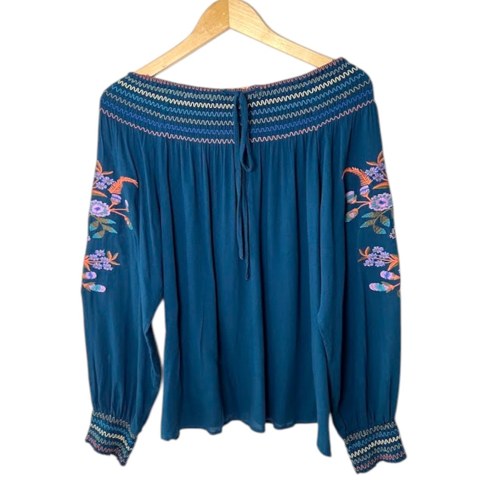 Umgee Blue Floral Boho Embroidered Off Shoulder‎ Peasant Blouse Medium